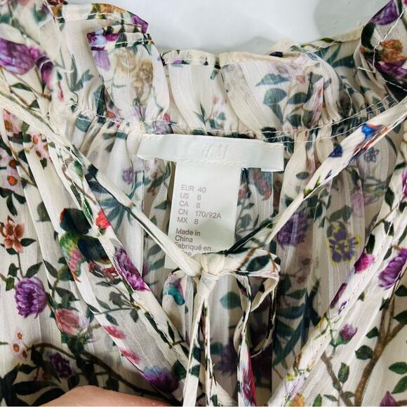 H&M cream green floral bird garden boho ruffle semi sheer top 8 - Picture 6 of 9